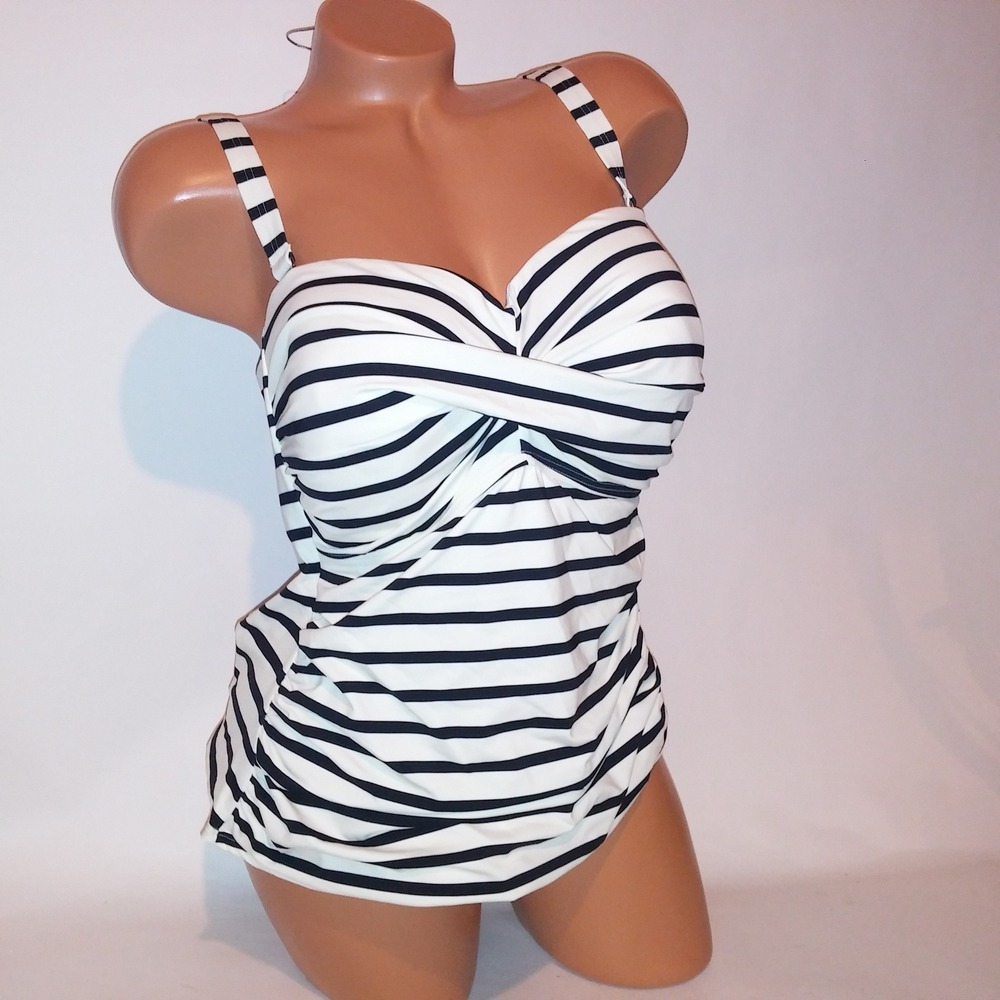 Lands End Swim Tankini Top 16W Cream Black Stripe Lightly Lined Wireless New